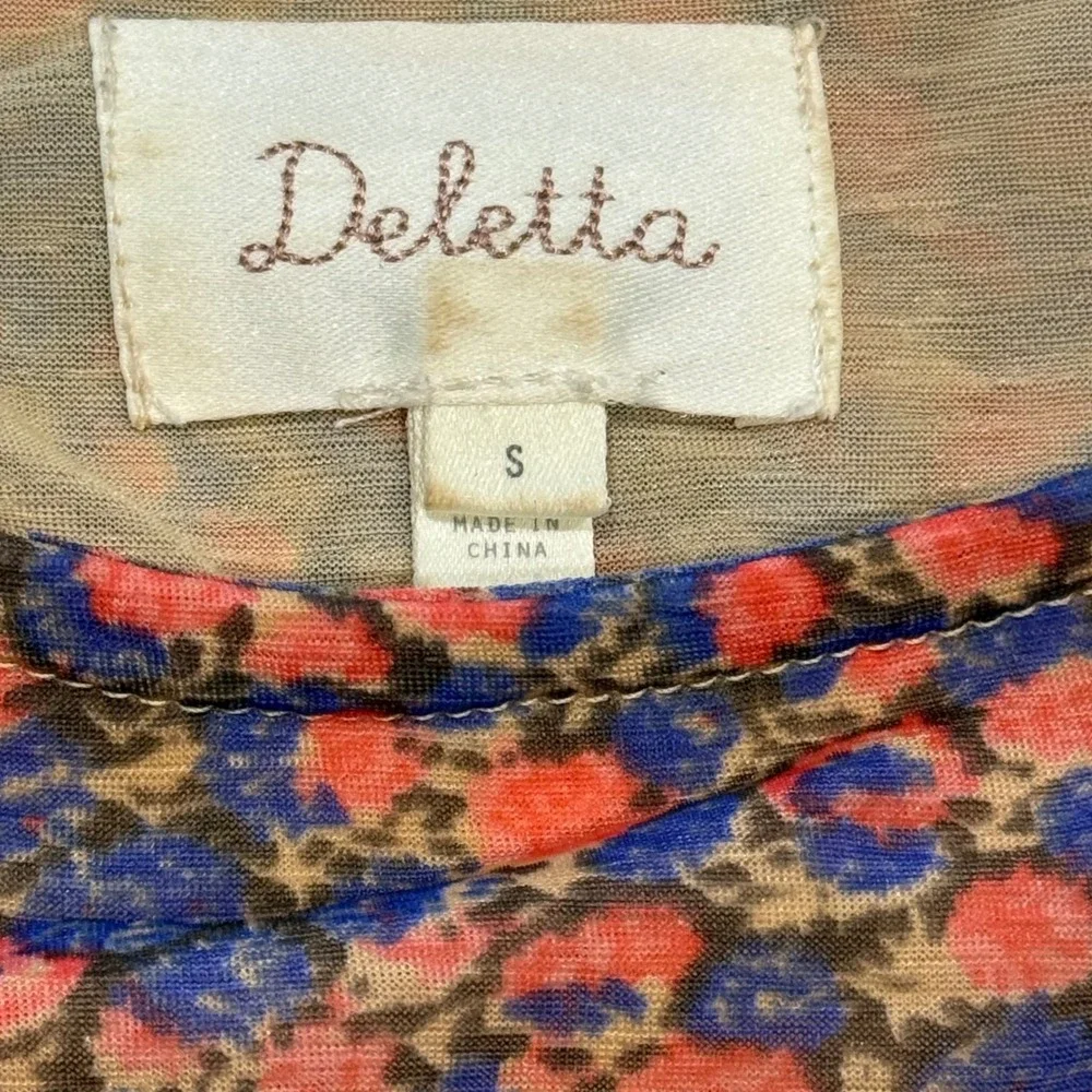Anthropologie Deletta Floral Smocked Ruffle Blouse Pink Blue Short Sleeve Small